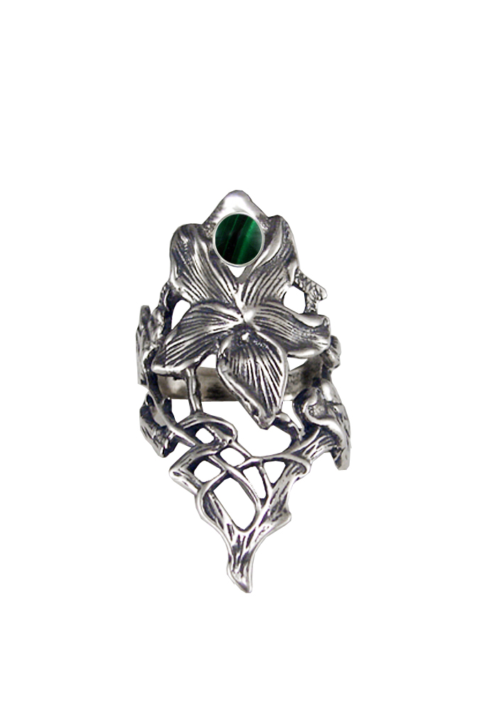 Sterling Silver Woman Maiden's Flower Ring With Malachite Size 10